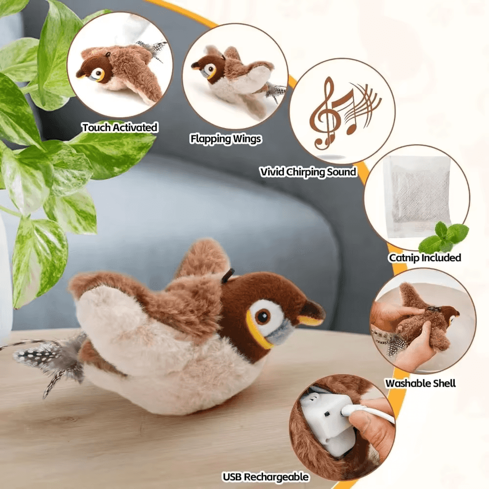 Flappy Bird Cat Toy | Realistic Flapping Wings & Chirping Sounds - USB Rechargeable Interactive Toy