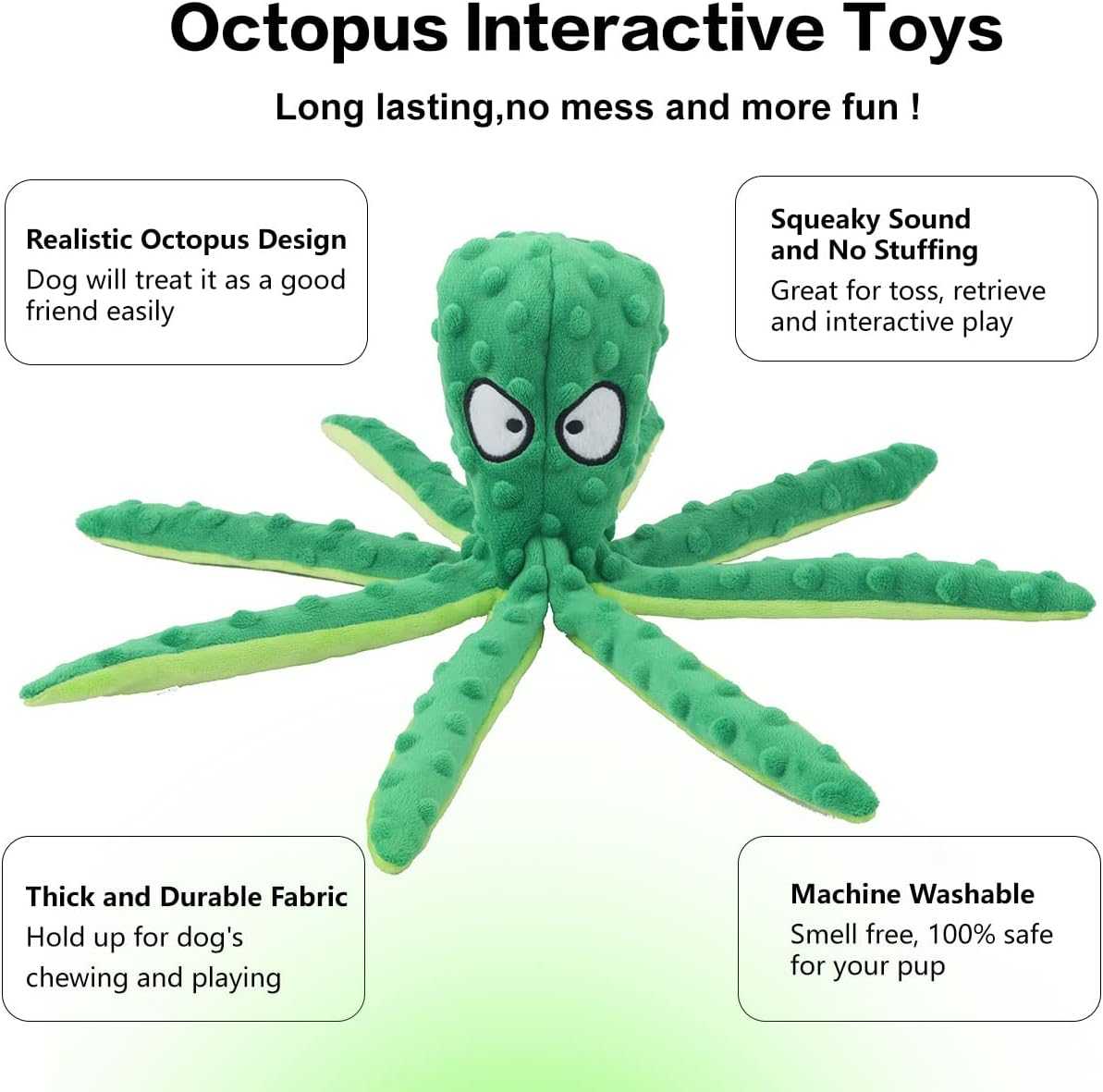 Whiskerspot Octopus Dog Toy - Indestructible Squeaky Chew Toy for Aggressive Chewers, No-Stuffing Crinkle Plush for Puppy Teething