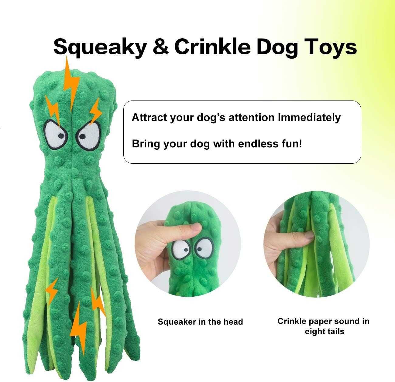 Whiskerspot Octopus Dog Toy - Indestructible Squeaky Chew Toy for Aggressive Chewers, No-Stuffing Crinkle Plush for Puppy Teething