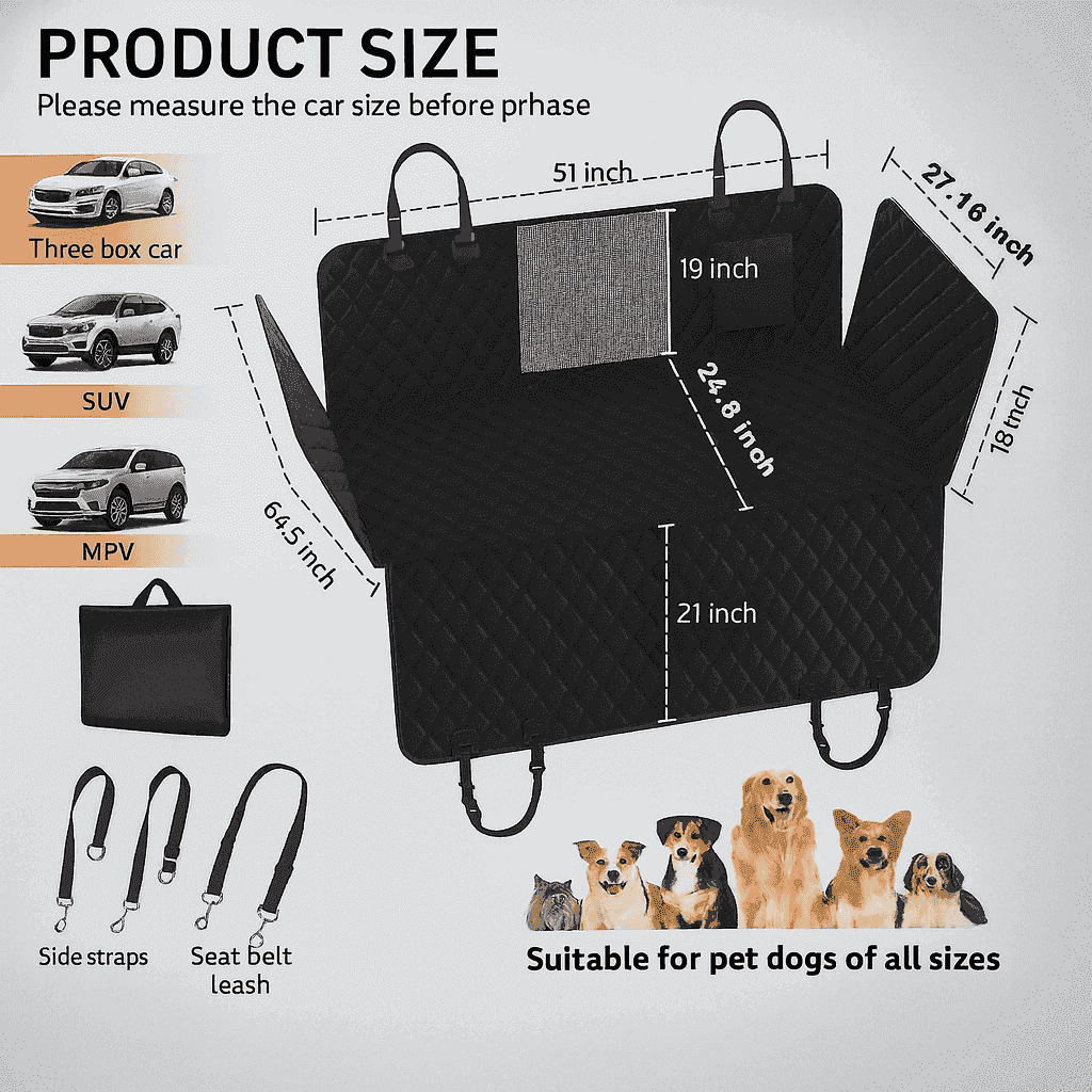 Dog Car Seat Cover - 3 Hard Panels, Waterproof, Backseat Extender, Large Dogs